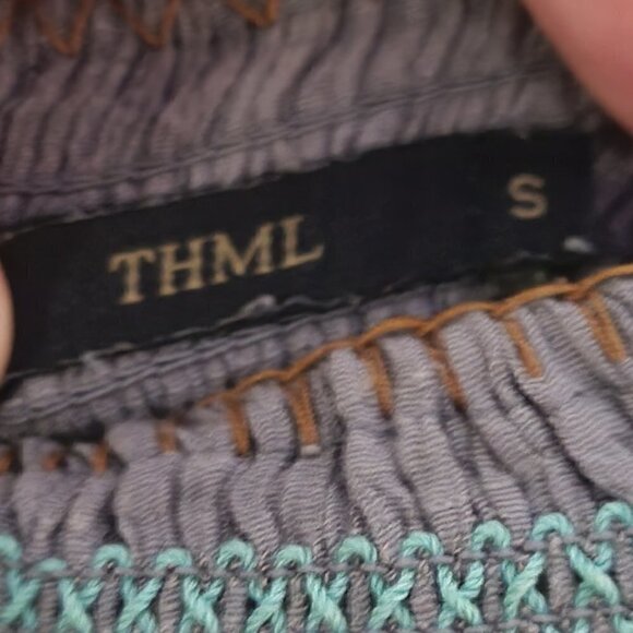 THML Scrunch Off The Shoulder Gray With Brown & Teal Embroidery Aztec Design Top - Picture 10 of 10